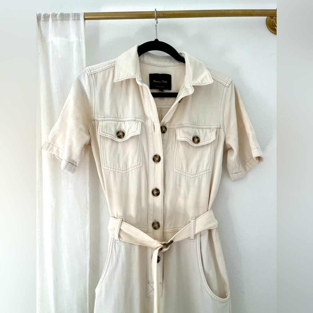 Massimo Dutti Cream Utility Short-Sleeve Belted Jumpsuit